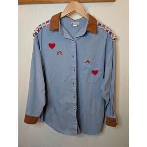 Vintage David Peet Western Shirt Rainbow Heart Embroidered Patchwork Oversized